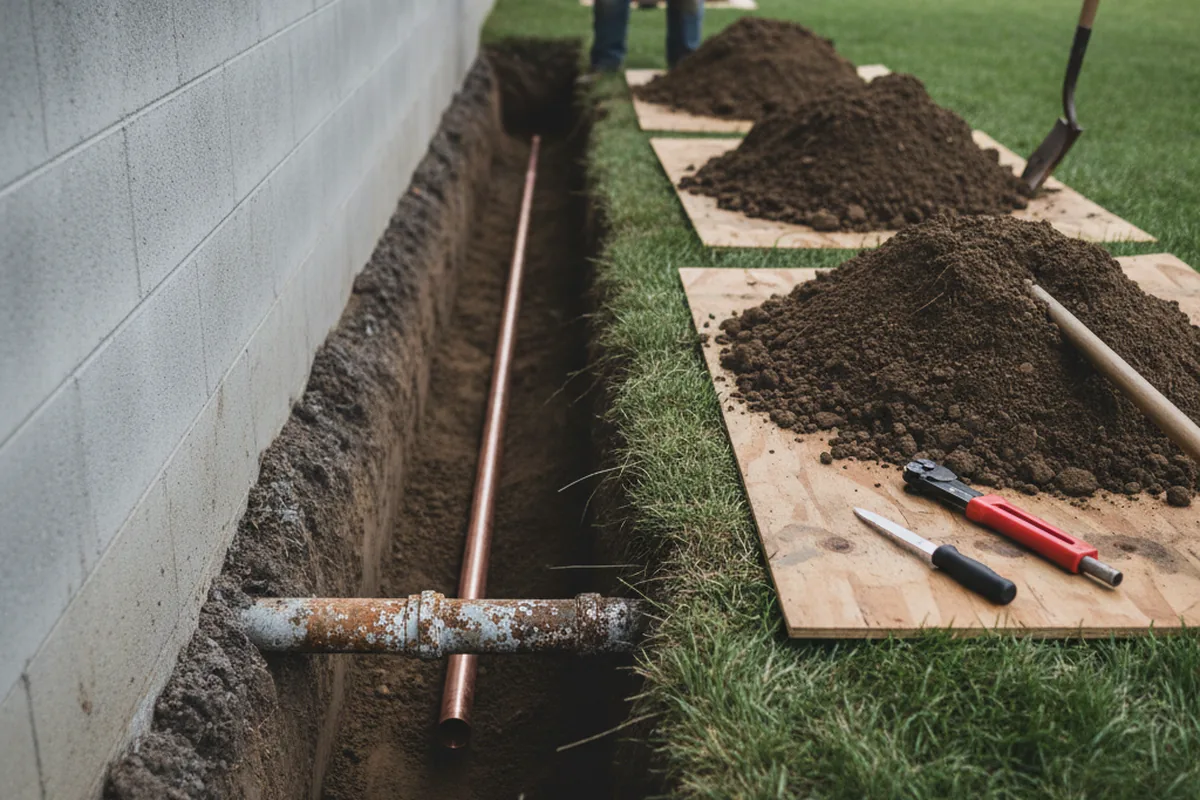 Excavated water line trench during Sewer Line Repair in Bennington